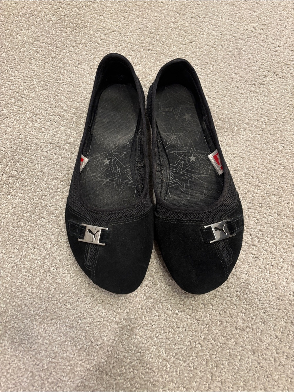 Puma Sabadella Black Suede Ballet Flats with Silver Logo Accent